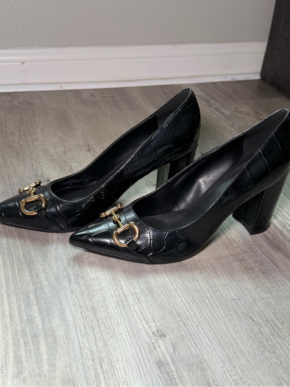 Marc Fisher Black Croc-Embossed Pointed Toe Pumps with Gold Hardware